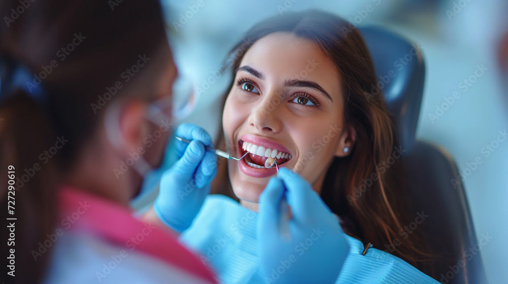 Fototapeta premium Smiling brunette woman happily brushing her teeth, holding a dental care routine, radiating health and happiness