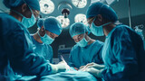 A surgeon is operating on a patient in an operating room in a hospital, surrounded by a team of doctors in surgical gowns and masks. Conduct health and medical research