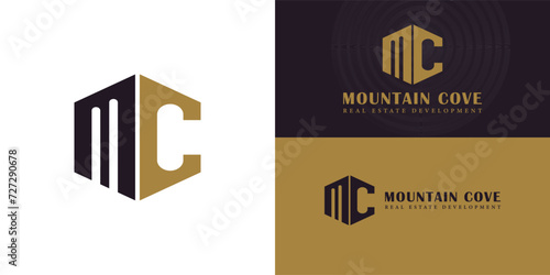 Abstract initial letter MC or CM in deep purple and gold color presented with multiple background colors. The logo is suitable for Real Estate and Construction Company logo design inspiration template