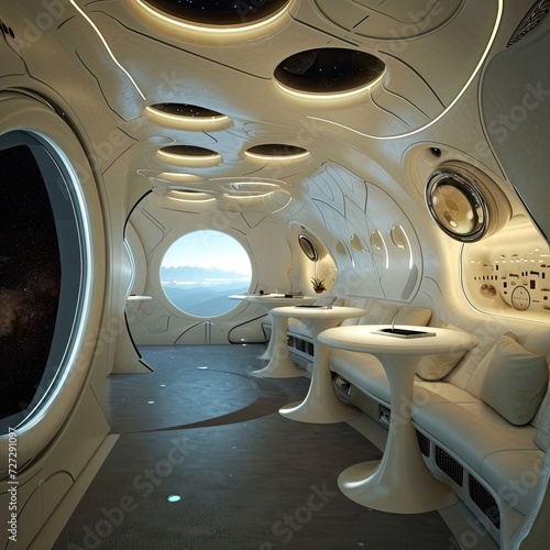 a futuristic space hotel lobby © Claire