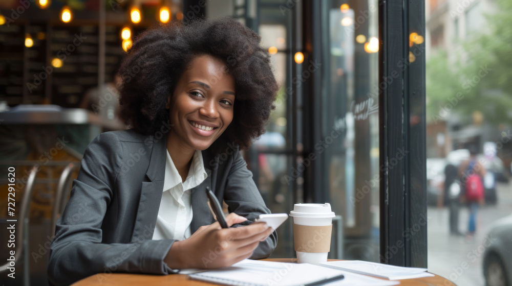 cheerful woman in a business suit is using a smartphone and holding a pen while sitting at a cafe table with a coffee cup and papers in front of her cheerful woman in a business suit is using a smartphone and holding a pen while sitting at a cafe table with a coffee cup and papers in front of her