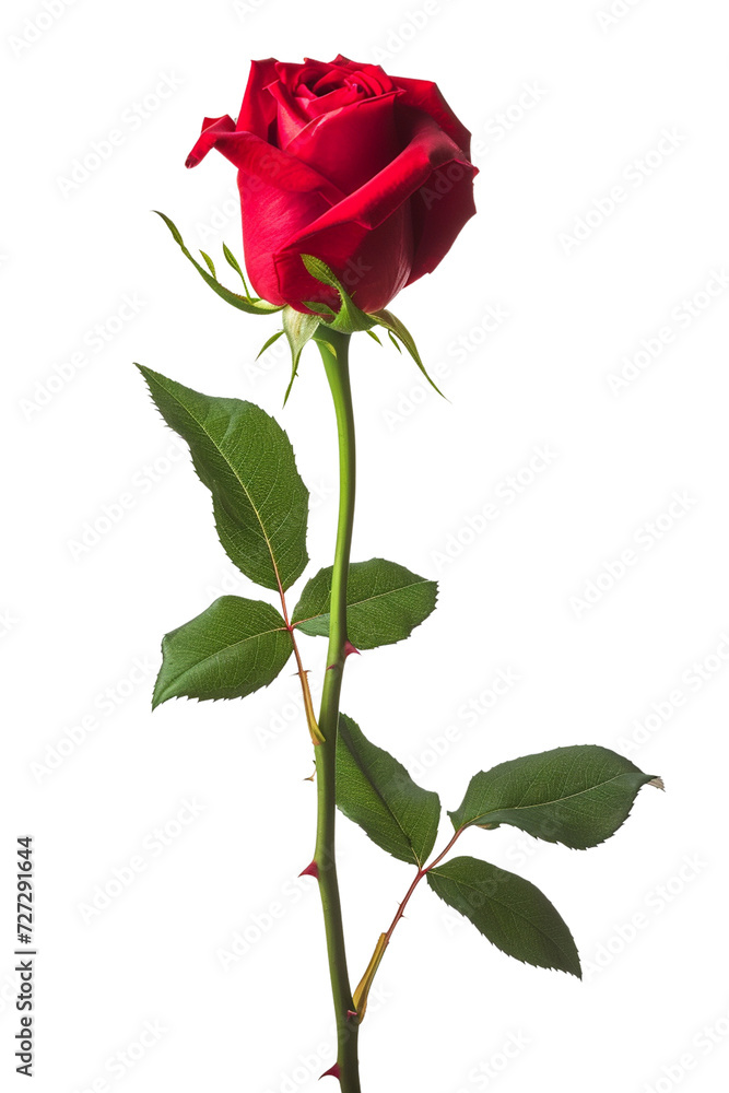A single red rose with lush green leaves isolated on transparent or white background, png A single red rose with lush green leaves isolated on transparent or white background, png