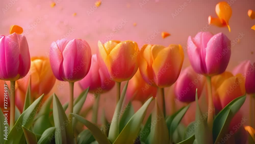 Pink and orange tulips on pink pastel background. Happy easter or spring background design Spring flowers copy space 4k mp4 Space for text beauty Pink and orange tulips on pink pastel background. Happy easter or spring background design Spring flowers copy space 4k mp4 Space for text beauty