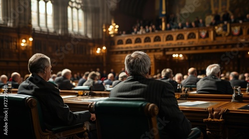 Parliamentary session, showcasing politicians engaged in passionate discussions. The image aims for authenticity. Speaker Giving a Talk at Business Meeting. © Oskar Reschke
