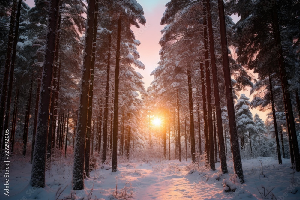 the sun rays are shining through snowy pine trees