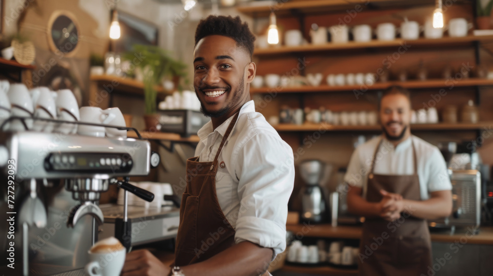 two smiling men in a cafe, one in the foreground wearing a white shirt and leather apron two smiling men in a cafe, one in the foreground wearing a white shirt and leather apron