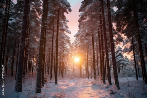 the sun rays are shining through snowy pine trees