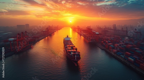 Container Cargo ship and Cargo plane with crane bridge in shipyard at sunrise, logistics import export and transport industry background, aerial drone view,