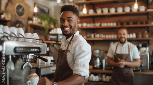 two smiling men in a cafe  one in the foreground wearing a white shirt and leather apron