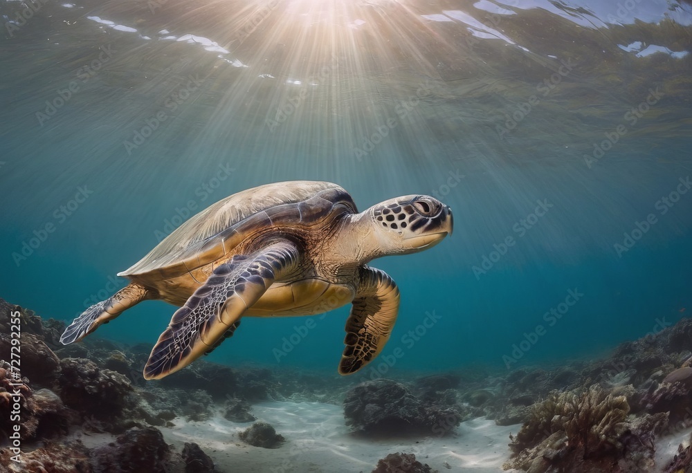 Obraz premium A magnificent giant golden sea turtle spreads its paws and swims in the blue depths of the sea