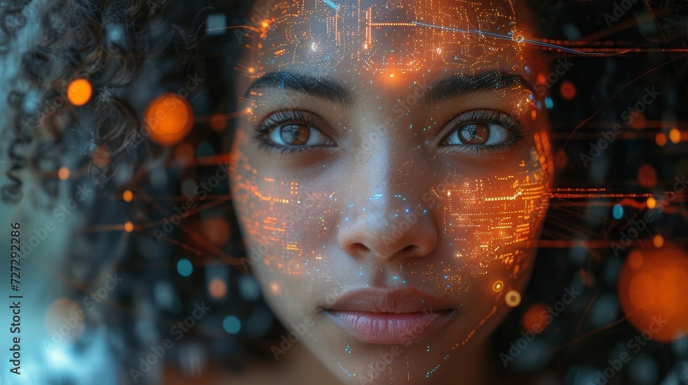 Wide angle image for banners or advertisements, showing young black woman working on holographic screen and global communication network concept. - obrazy, fototapety, plakaty 