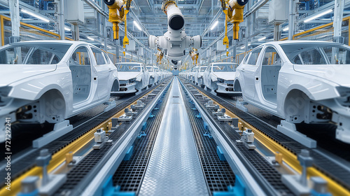 Automotive assembly factory technology, production, and transportation converge by robot, robotic operation, car assembly factory