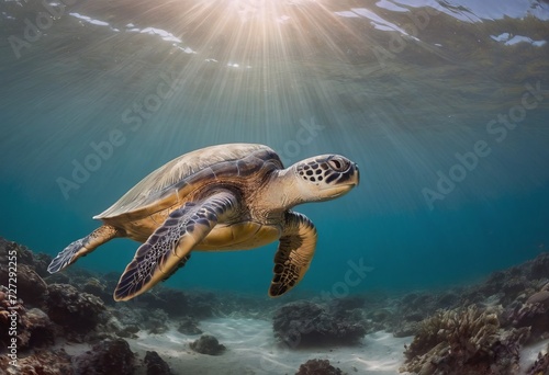A magnificent giant golden sea turtle spreads its paws and swims in the blue depths of the sea © Василенко Татьяна
