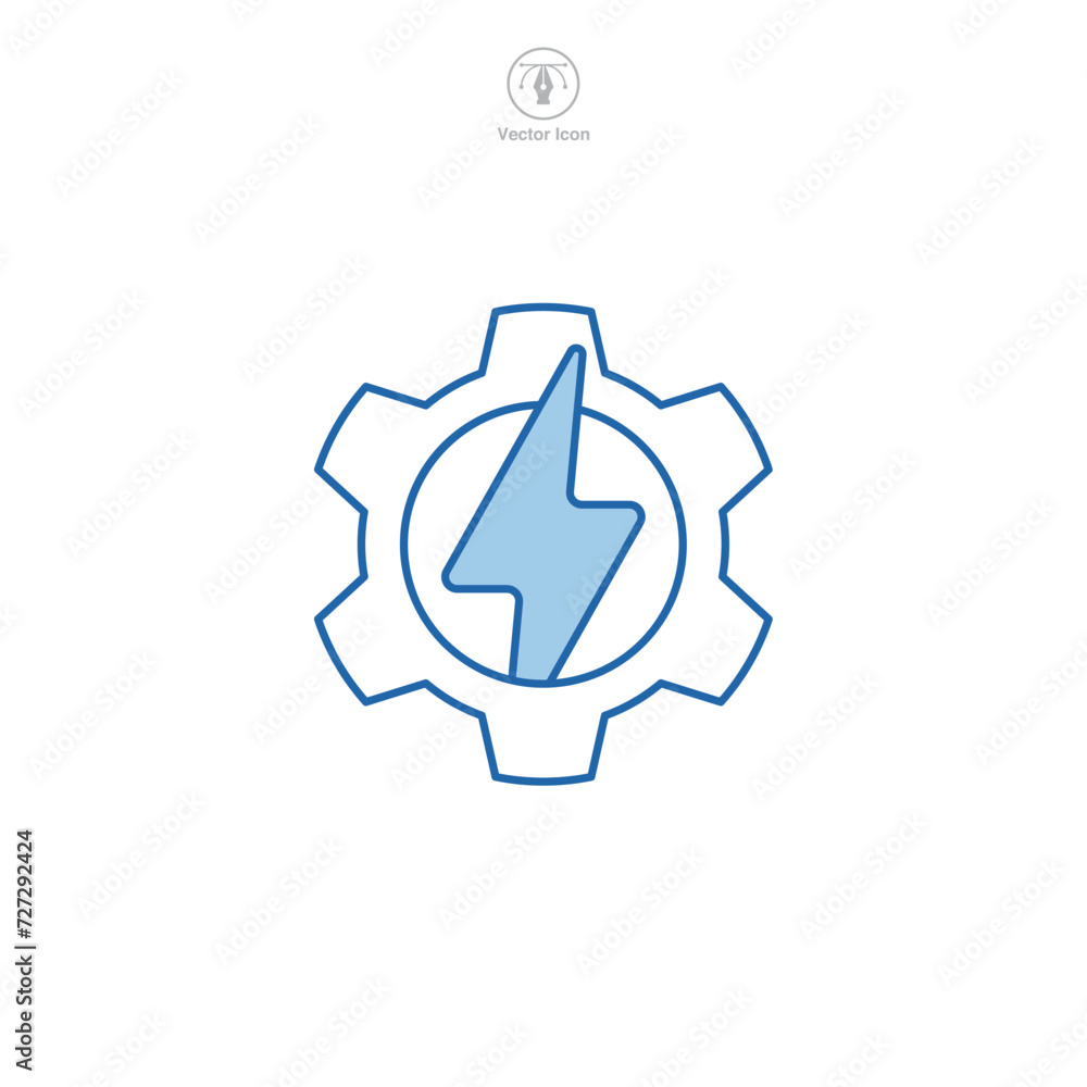Mechanical energy, Gear wheel energy, Gear with lightning Icon symbol vector illustration isolated on white background
