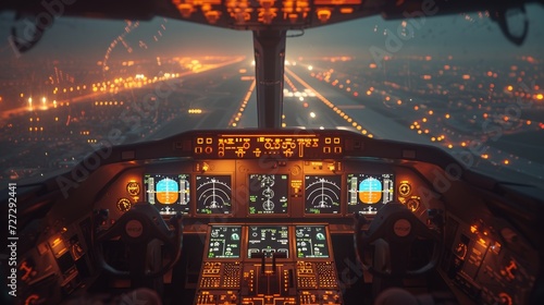 An airplane takes off with an airport in the background. Air transport navigation, aircraft innovation, aviation technology, AI in aviation, night flights, cargo journeys. photo