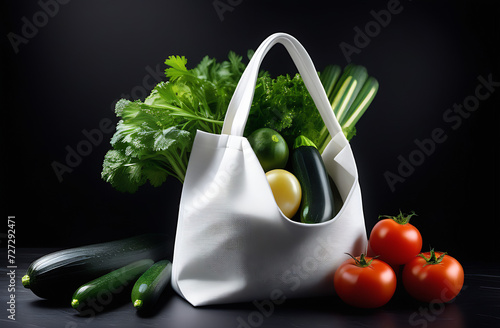 a bag made of light milky fabric lies on a black table close-up, the bag is open, in the bag there are vegetables cucumbers, tomatoes, onions, parsley, zucchini  photo