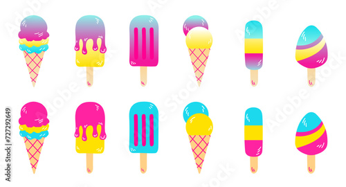 Popsicle and ice cream collection, vector illustration isolated on white. Fruity ice cream cone, sundae ice cream scoop, fruit popsicle. Ice cream shop graphics.