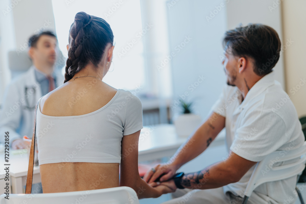 Obraz premium A couple consults with doctor or specialist in a clinic. They discuss diagnosis and treatment options.