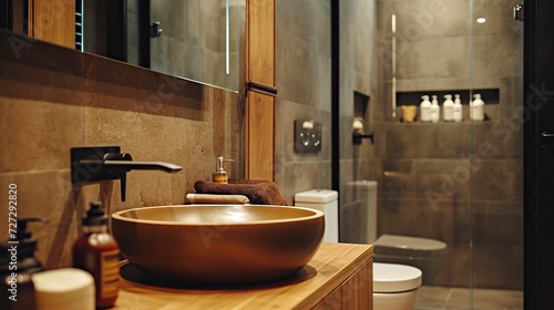 The cozy atmosphere of bathroom, with luxurious wooden sink and ambient lighting. Interior design, comfortable lifestyle