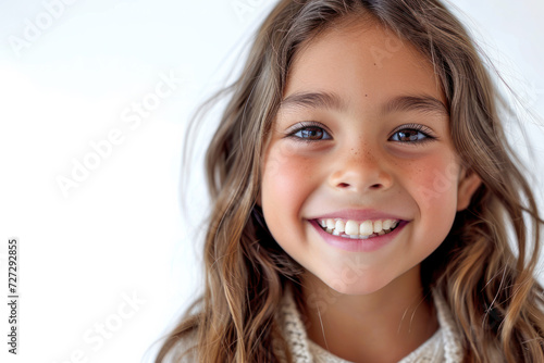 Smiling young girl with cheerful expression in close-up portrait. Child joy and innocence.