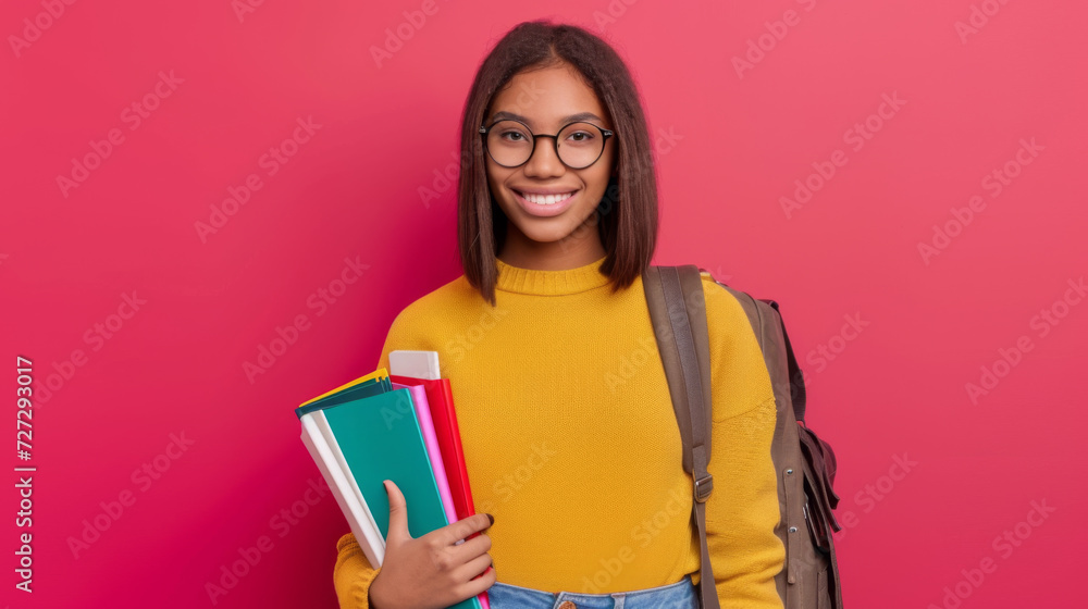 young woman with glasses is smiling at the camera, wearing a yellow sweater and a red backpack, holding colorful books against a vibrant pink background young woman with glasses is smiling at the camera, wearing a yellow sweater and a red backpack, holding colorful books against a vibrant pink background