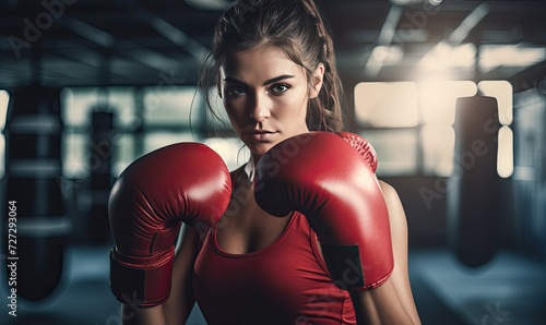 Woman in Red Top and Boxing Gloves © uhdenis
