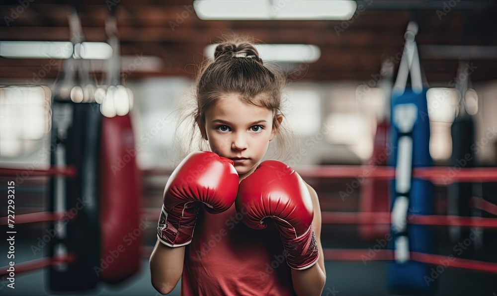 Young Girl Wearing Boxing Gloves in a Boxing Ring
