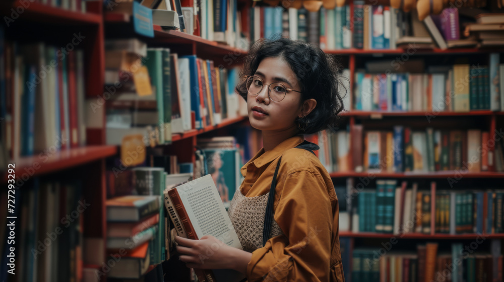 woman with curly hair is smiling at the camera, holding a book, with a blurred library bookshelf in the background woman with curly hair is smiling at the camera, holding a book, with a blurred library bookshelf in the background