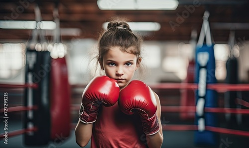 Young Girl Wearing Boxing Gloves in a Boxing Ring © uhdenis