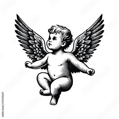 hand drawn baby angel vector illustration. black and white cupid angel isolated white background