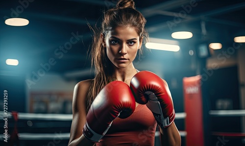 Woman Wearing Boxing Gloves in a Boxing Ring © uhdenis