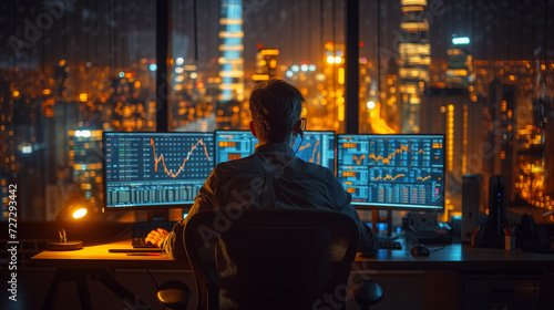 Digital, night and a businessman with technology for the stock market, finance analysis and research. Data, office and an employee reading statistics, stocks and analytics in the dark on tech at work