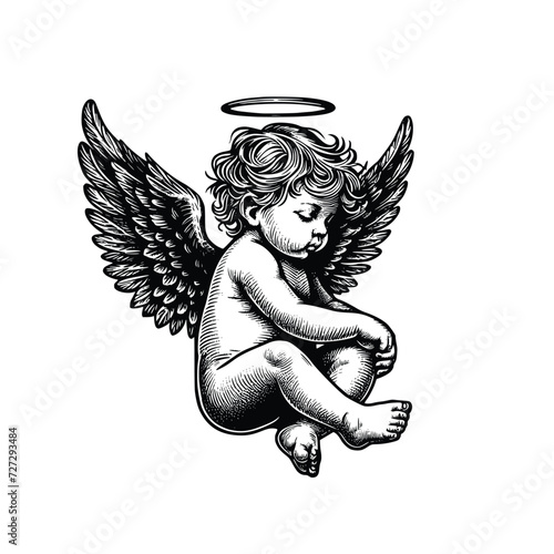 hand drawn baby angel vector illustration. black and white cupid angel isolated white background
