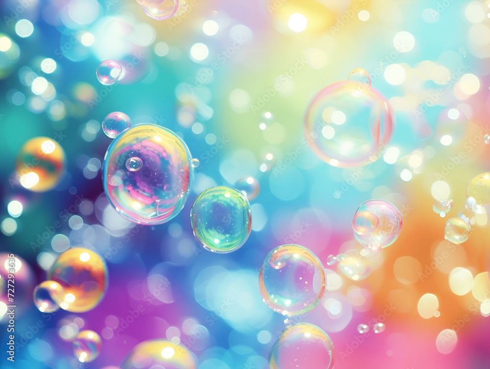 bright soap bubbles reflecting a rainbow of colors in the air on a colorful background