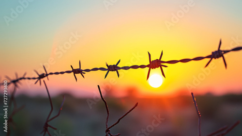 lose-up of a barbed wire against a blurred fence with a vibrant sunset in the background