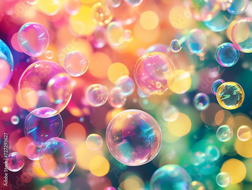 bright soap bubbles reflecting a rainbow of colors in the air on a colorful background