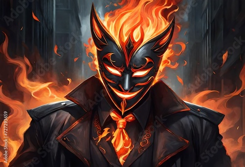 "Envision an electrifying scene where a fiery party mask emerges from the shadows, beautifully contrasting with a black, smoky atmosphere. Capture the essence of the moment while incorporating