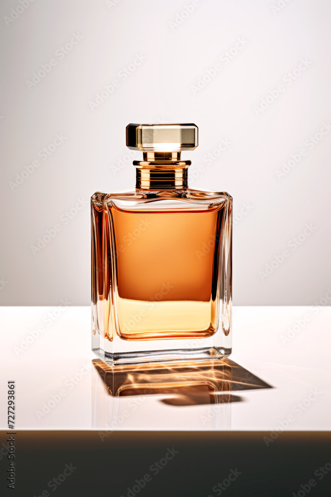 Perfume bottle on a white surface. Copy space. Mockup. Beauty and fashion concept. Perfume bottle on a white surface. Copy space. Mockup. Beauty and fashion concept.
