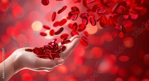 The hand holds 3d blood cells. World Hemophilia Day.