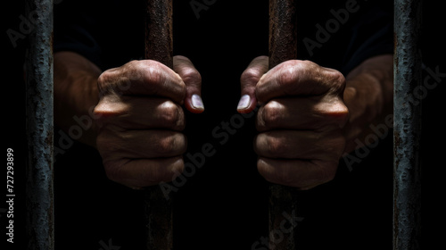 two hands are gripping tightly on iron bars, suggesting imprisonment or a longing for freedom