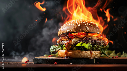 an image of a hot delicious burger on fire, with burning flames and smoke, on a black background