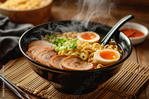 Delicious Steaming Ramen Bowl with Pork Slices and Egg, Asian Cuisine Concept