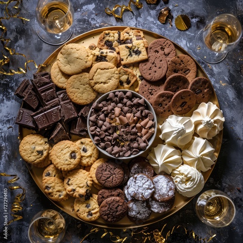 Sweet Gift, Round Board with Different Chocolates, Chip Cookies, Chocolate Macrons, Meringue Cookies