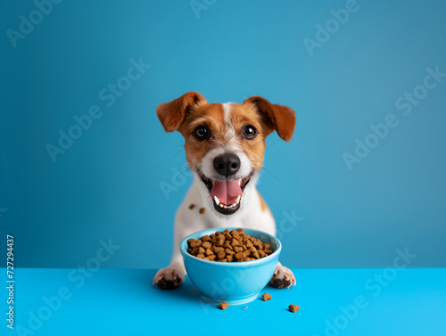 Happy Jack Russell Terrier with bowl of dog food. Studio pet portrait with copy space. Dog nutrition and mealtime concept for design and print