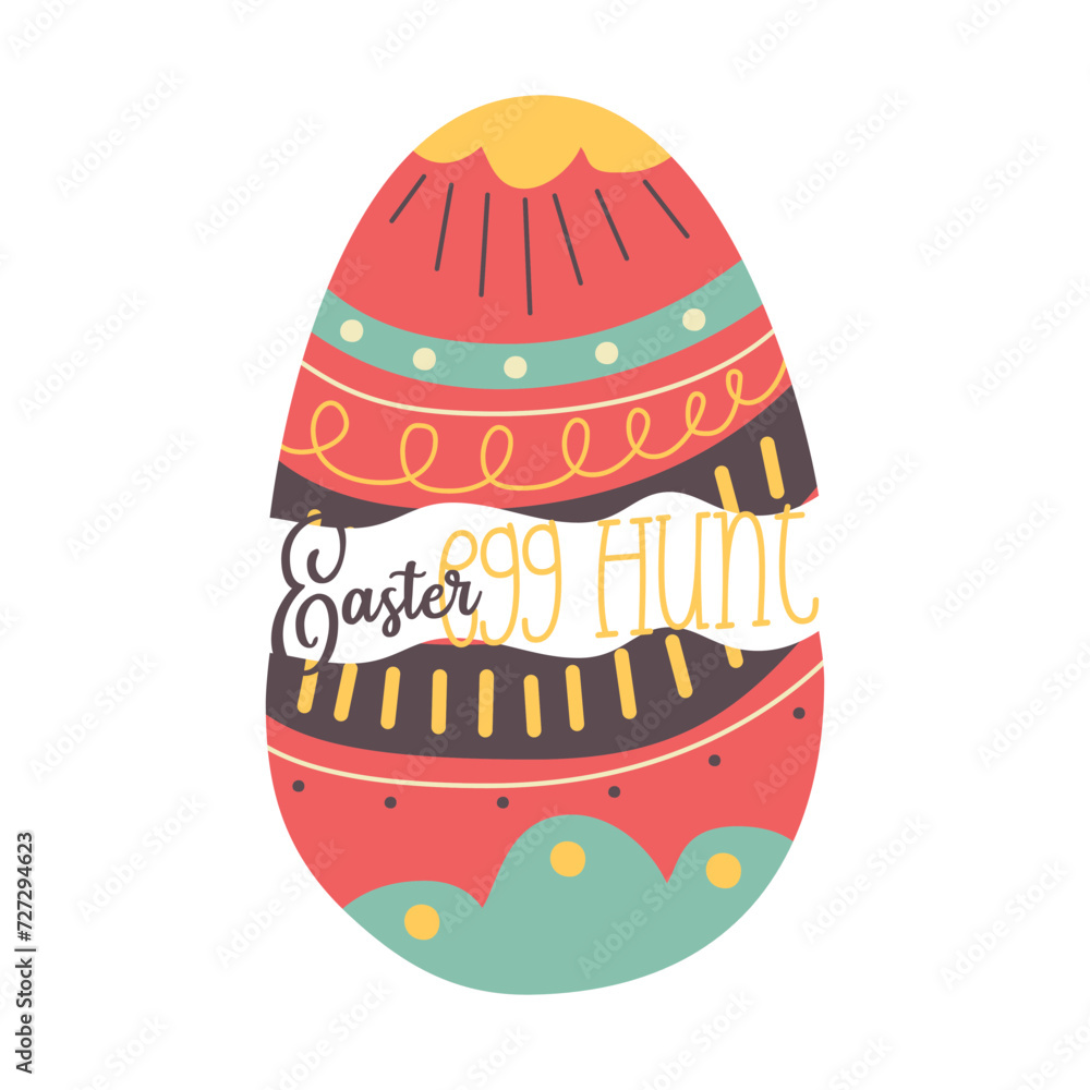 Easter egg design with text. Easter holiday symbol egg hunt in colorful flat style with decorations . Retro art decoration. Stock vector icon illustration clipart Easter egg design with text. Easter holiday symbol egg hunt in colorful flat style with decorations . Retro art decoration. Stock vector icon illustration clipart