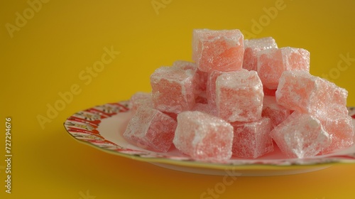 Turkish delight on a plate on a yellow background, close-up