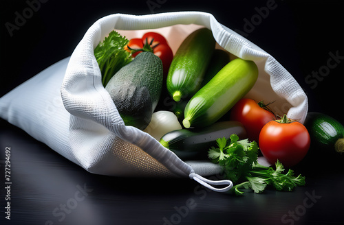 a bag made of light milky fabric lies on a black table close-up, the bag is open, in the bag there are vegetables cucumbers, tomatoes, onions, parsley, zucchini  photo