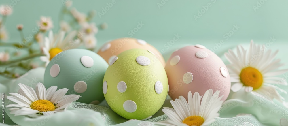 Easter eggs in pastel colors with daisies.