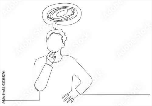 Continuous line drawing of man feeling sad, tired and worried suffering from depression in mental health. Troubles, failure and broken heart concept isolated on white background. Vector
