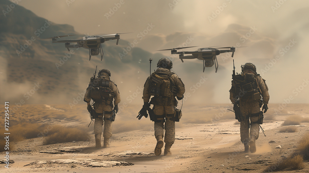 Military squad on a dusty trail with drone support. Suitable for showcasing military equipment, desert operations, or team tactics. - obrazy, fototapety, plakaty 